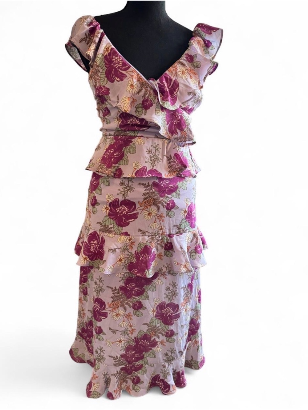 Lulus XS Floral Ruffle Midi Dress Pink Purple Tiered Romantic Dress